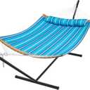 SUPERJARE Hammock with Stand, 2 Person Heavy Duty Hammock with Padded Cotton, Detachable Pillow & Strong Curved-Bar & Portable Carrying Bag, Perfect for Outdoor & Indoor, Aqua Blue