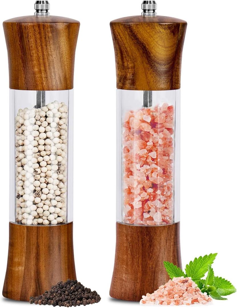 Acacia Wood Premium Acrylic Salt and Pepper Grinder Set 8 Inches Salt and Pepper Mill Set, Manual Mills- Wooden Shakers with Adjustable Ceramic Core 2 Pack for Kitchen Home Gift