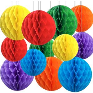 Rainbow Paper Honeycomb Balls,12 Pack Colourful Hanging Tissue Pom Poms for Birthdays,Weddings,Fiesta,Home Party Decoration