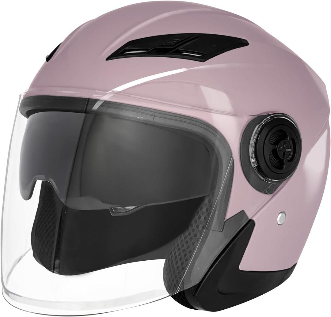 Open Face Motorcycle Helmet, 3/4 Helmet with Dual Sun Visor, Men Women Adult Motorbike Helmet for Scotter Chopper Moped Cruiser Casco, DOT Approved (Medium, PinkPurple)