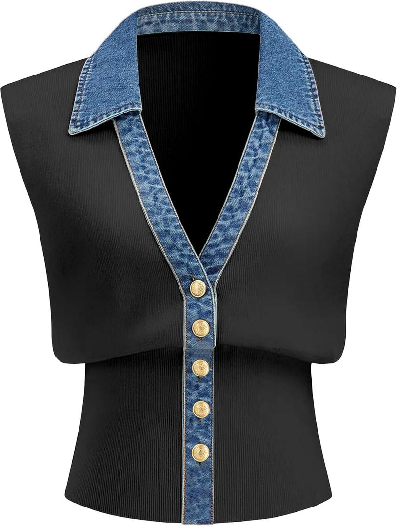 Womens Denim Trim Sweater Vest Sleeveless V Collar Crop Tank Top Knit Loose Pullover Outfit (Black, S)