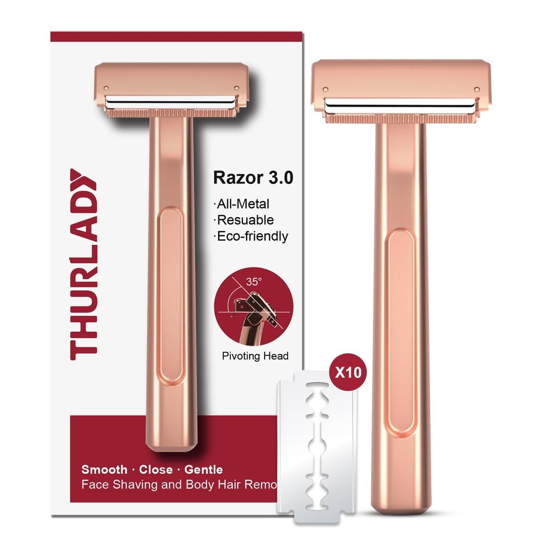 Dual-Blade Safety Razor with Pivoting Head, Reusable Metal Razors for Women, with 10 Double Edge Blades, Smooth Close Clean Shave, Rose Glod