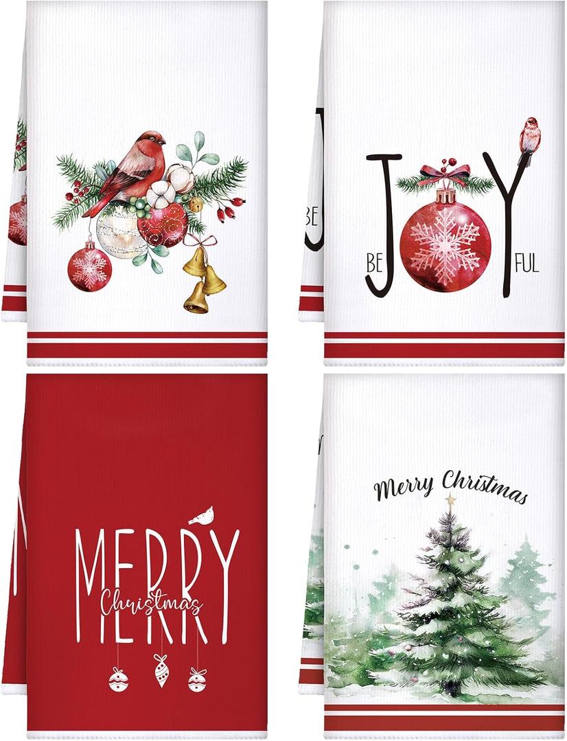 Bencailor 4 Pcs Christmas Kitchen Towels Set Christmas Decorative Tea Dish Towels Holiday Drying Cloth Hand Towel for Xmas Bathroom,15.75" x 23.62"(Red, Green, White,Joyful)