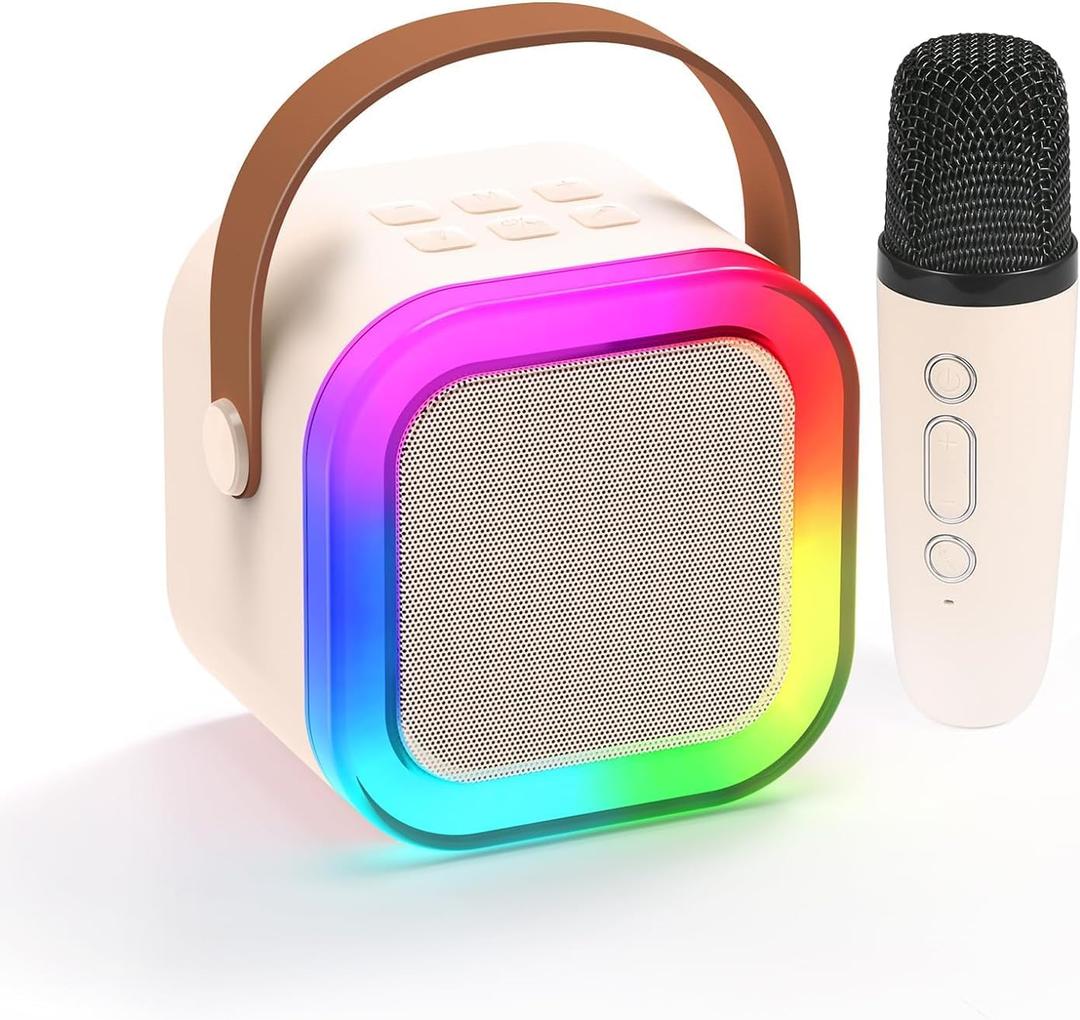 Karaoke Machine for Kids,2025New Mini Portable Karaoke Toys, Karaoke Speaker with 2 Wireless Microphones & Light for Home Party for Adults (Beige-1MIC)