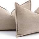 MIULEE Pack of 2 Beige Decorative Lumbar Pillow Covers 12x20 Inch Soft Chenille Luxurious Couch Throw Pillows Farmhouse Cushion Covers with Elegant Design for Sofa Bedroom Living Room Spring Decor