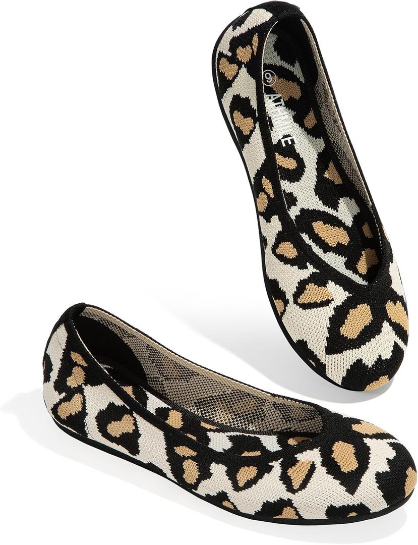 ATHMILE Women's Flat Ballet Shoes Knit Flat Shoes for Women Round Toe Slip on Women Flats for Dressy Casual Office Work Wedding Comfort Soft (10, White Leopard)