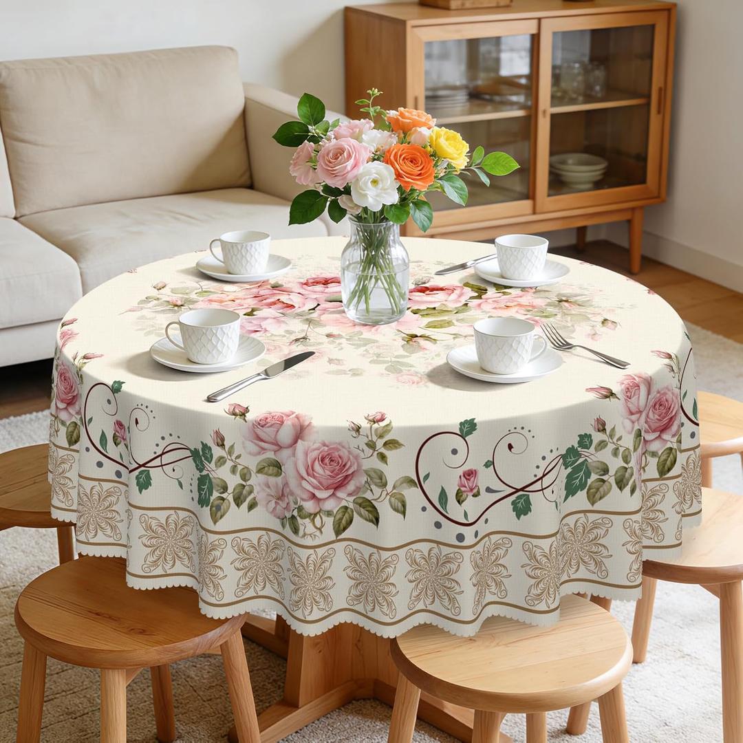 Eikione 60In Round Tablecloths Stain Resistant Tablecloth Wrinkle Free Circle Table Clothes, Washable Reusable Polyester Table Covers (Peony 60In)