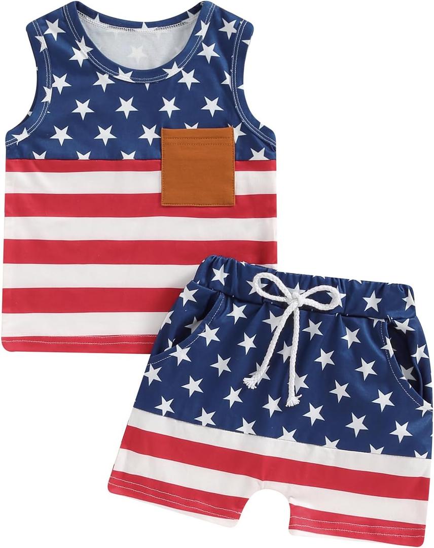 4th of July Toddler Baby Boy Outfit Shirt Tank Tops Shorts Kids Infant Summer Clothes (6-12 Months, A Navy Blue)