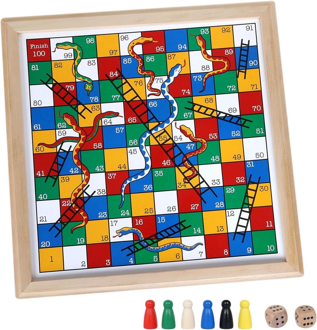 Gothink Wooden Snakes and Ladders Game - 13 Inch Educational Board Game for Children Ages 3 and Up & Adults - Classic Board Game Includes 6 Counters & 2 Dice, Rules