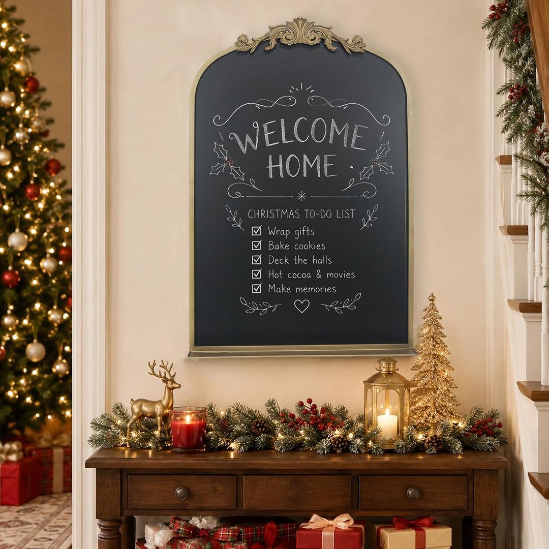 Vintage Magnetic Arch Blackboard with Shelf - 24"x36" Decorative Wall Mounted Ornate Gold Framed Board with Accessories, Clips & Cloth - Elegant Wedding Sign & Kitchen Menu Home Decor