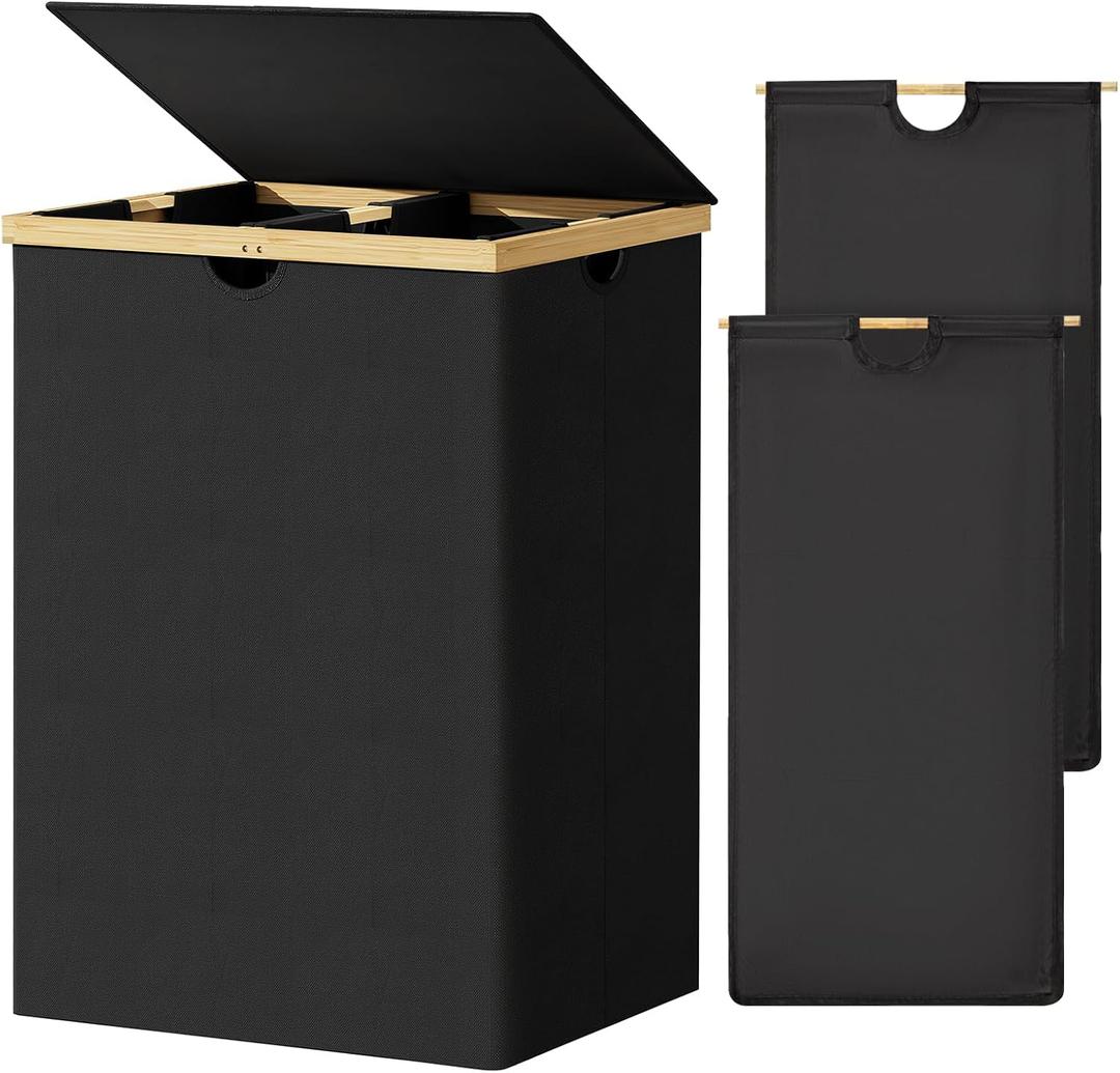 WOWLIVE 165L Double Laundry Hamper with Lid Bamboo Laundry Basket 2 Section,Large Dirty Clothes Hamper with Removable Linner Bags,Laundry Bin Organizer Storage for Dorm,Bedroom,Bathroom,Black (165L (21.1 x 15.8 x 30.1 Inches)) WOWLIVE 165L Double Laundry Hamper with Lid Bamboo Laundry Basket 2 Section,Large Dirty Clothes Hamper with Removable Linner Bags,Laundry Bin Organizer Storage for Dorm,Bedroom,Bathroom,Black (165L (21.1 x 15.8 x 30.1 Inches))