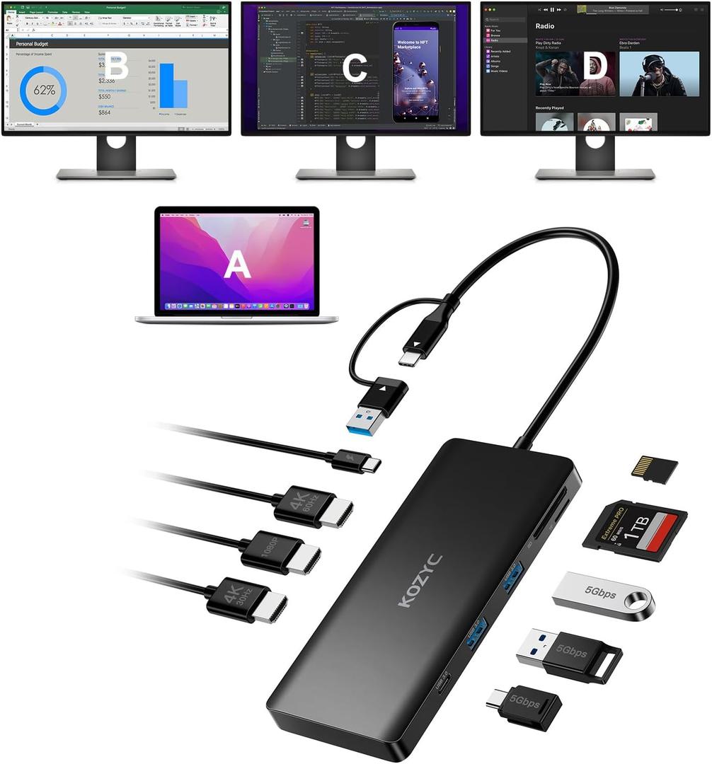 Kozcy USB C Docking Station 3 Monitors Compatible with Mac/Windows, KOZYC Triple Display Docking Station with 3xHDMI(4k60Hz/30Hz+1080p), 3xUSB 3.0, SD/TF, 100W PD with HDMI Splitter Extend Display 3 Monitor