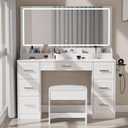 Vanity Desk with Mirror and LED Lights, 43'' W Makeup Vanity Desk with Power Outlet, 3 Color Modes, 7 Drawers Vanity Table with Chair, Dressing Table for Bedroom, Dressing Room (White), Large
