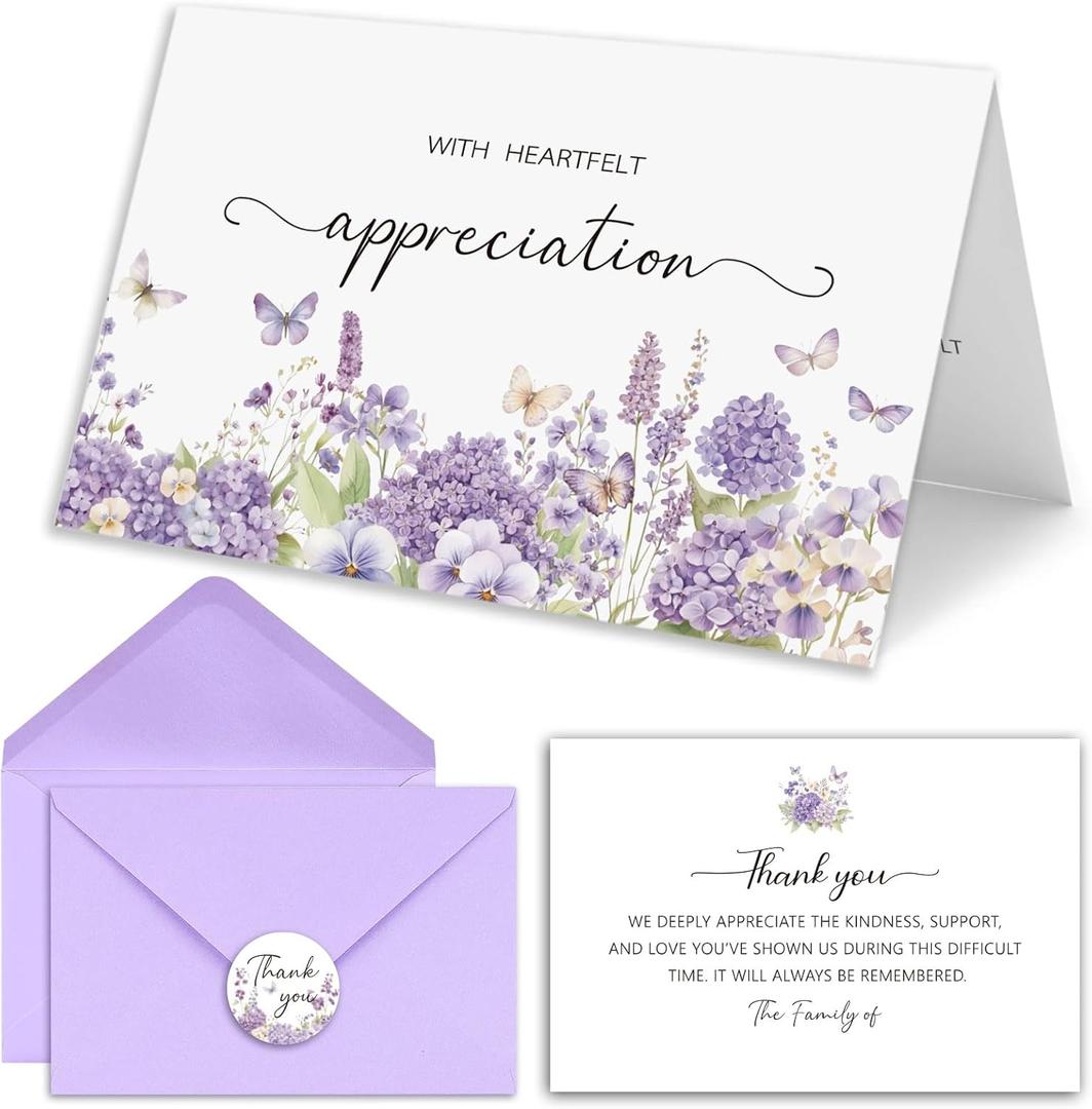 25Pcs Funeral Thank You Cards with Envelopes, Purple Watercolor Butterfly Floral Design Message Inside 4x6In Sympathy Thank You Card for Funeral Bereavement
