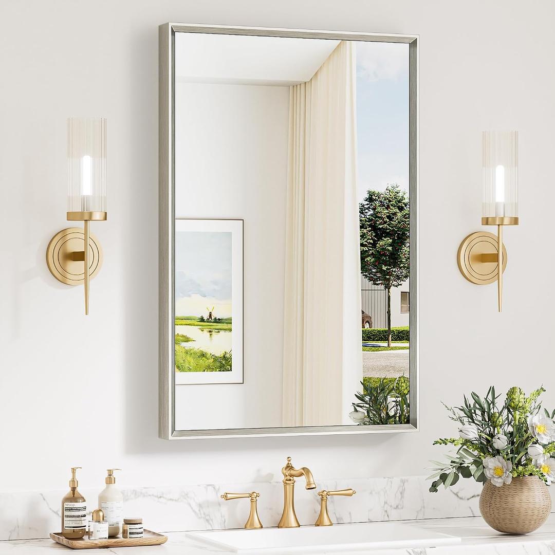 Keonjinn 24 x 36 Inch Brushed Nickel Bathroom Mirrors for Over Sink, Beveled Rectangle Framed Mirror for Wall, Farmhouse Bathroom Vanity Mirror, Tempered Glass, Hangs Horizontally or Vertically