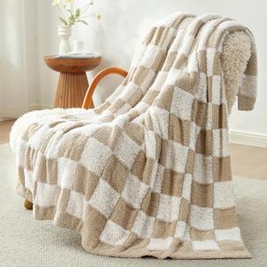 Snuggle Sac Checkered Throw Blanket Faux Fur Microfiber Blankets for Couch,Cozy Soft Warm Blanket for Sofa Bedroom Living Room,Beige Checker,30x40 inches