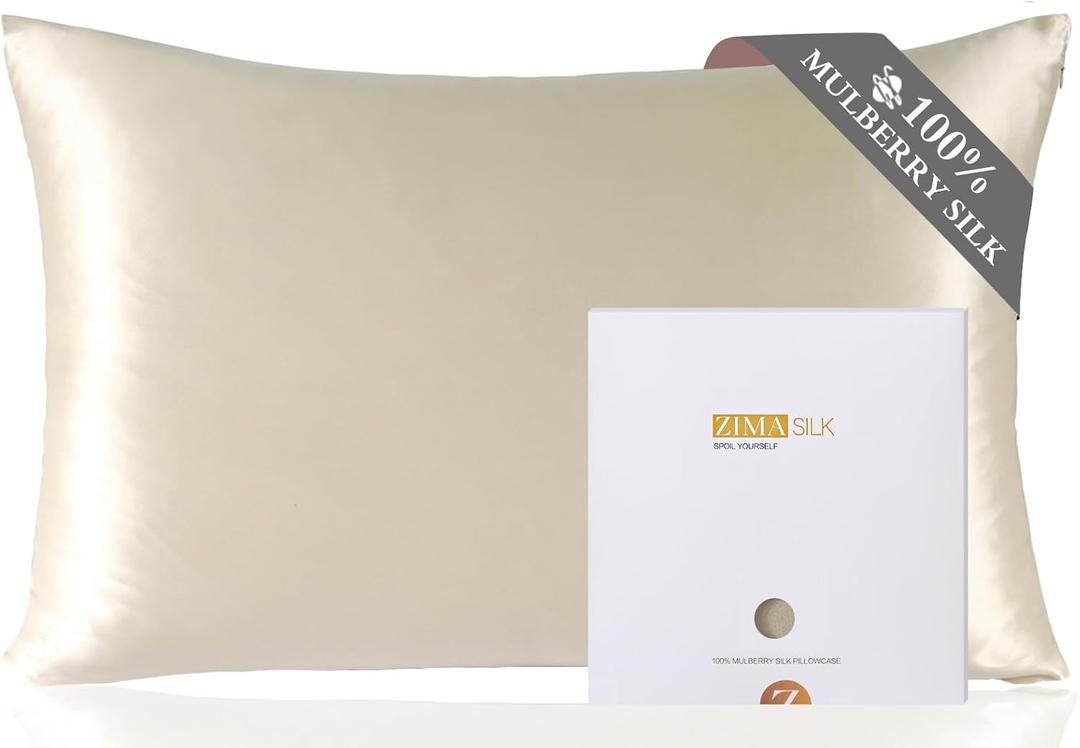ZIMASILK 100% Pure Mulberry Silk Pillowcase for Hair and Skin Health,Soft and Smooth,Both Sides Premium Grade 6A Silk,600 Thread Count,with Hidden Zipper,1pc (Queen 20''x30'',Beige)