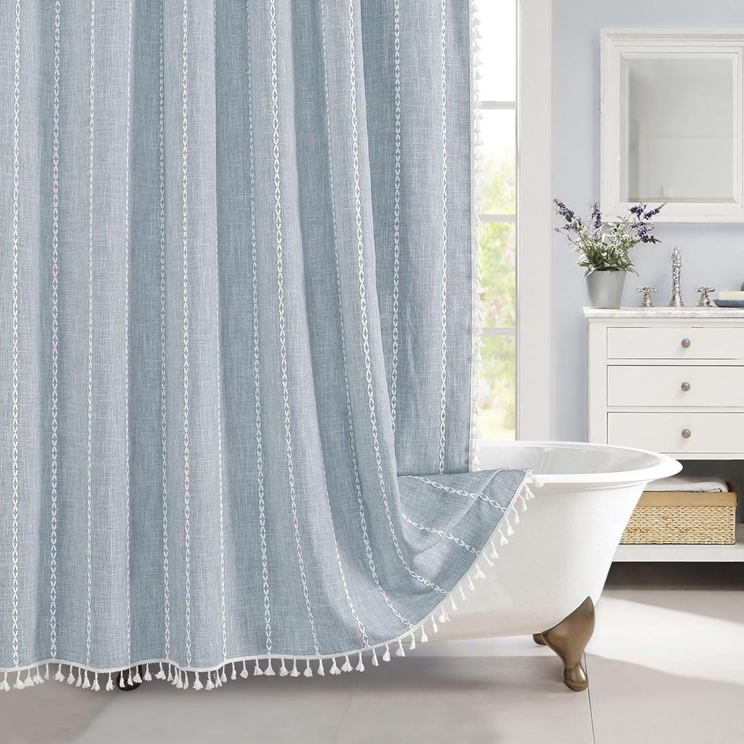 MitoVilla Blue Boho Fabric Shower Curtain, Modern Farmhouse Polyester Linen Shower Curtains for Vintage Rustic Bathroom Decor, Country Tassel Thick Cloth Shower Curtain, 72 x 72