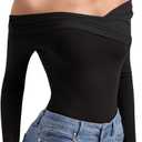 PINKMSTYLE Sexy Mesh Off The Shoulder Bodysuits For Women Double Lined Long Sleeve Bodysuit Going Out Tops (Black, L)