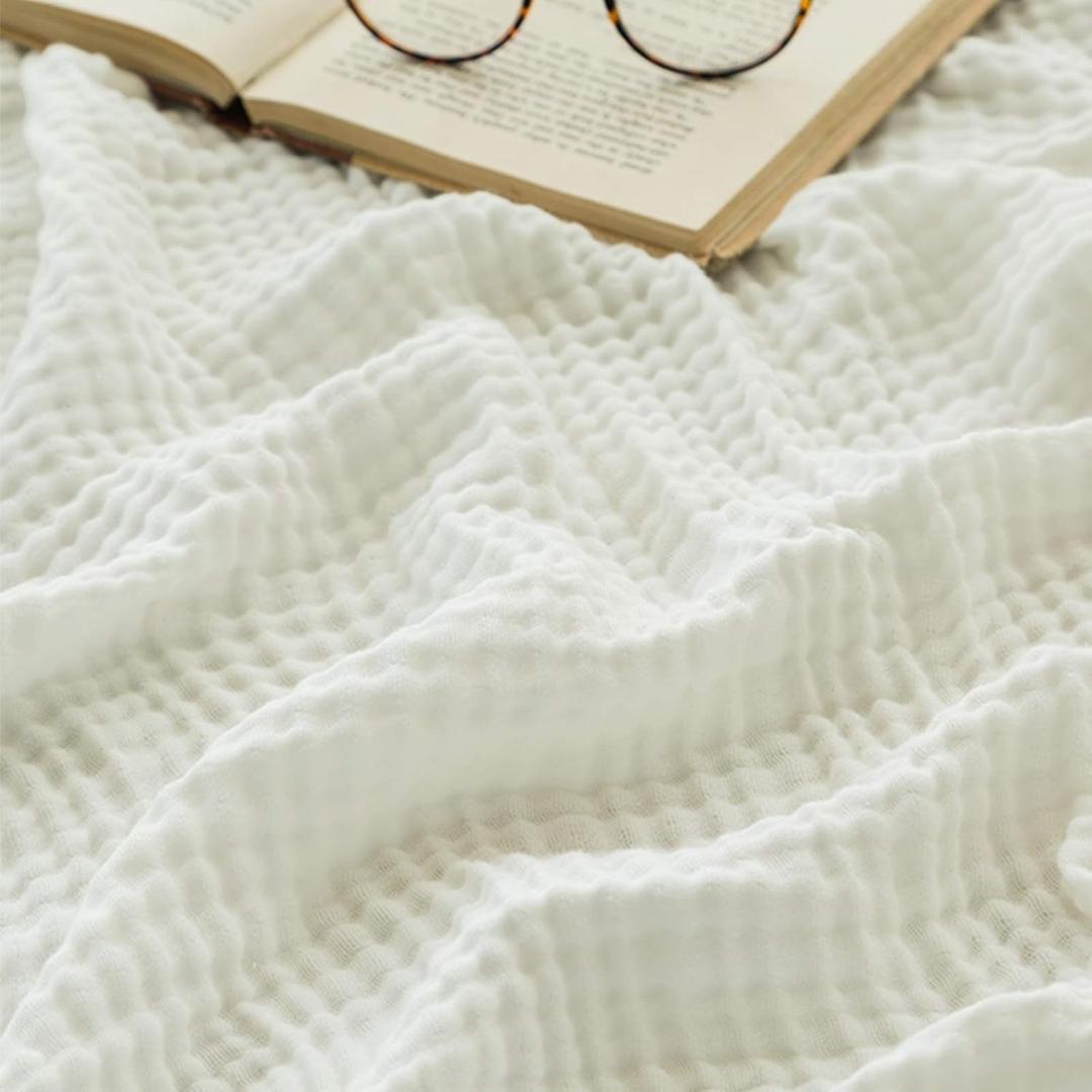 EMME Cotton Muslin Throw Blanket for Couch Breathable Gauze Soft Lightweight Blankets for Adults (White,50"x60")