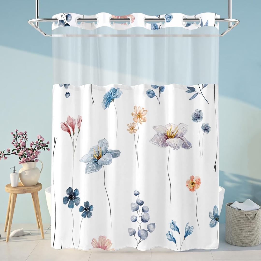 No Hook Shower Curtain and Liner Set, Watercolor Blue Beige Floral Shower Curtains for Bathroom, Modern Hotel Bathroom Curtain Sets with Snap in Liner, 71x74 Inches