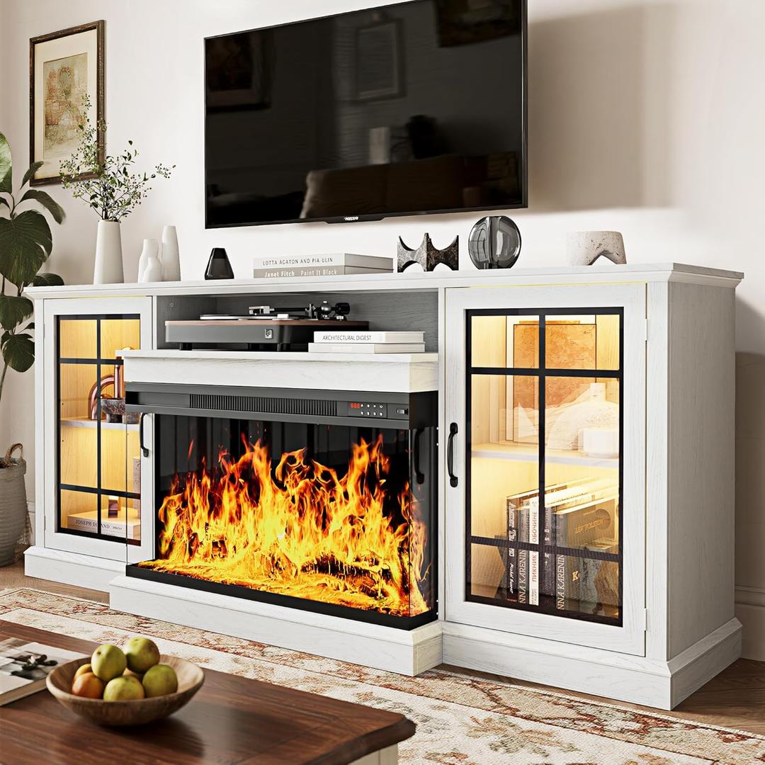 MXV 70'' Fireplace TV Stand, Farmhouse Entertainment Center with 3 Sided Glass TV Stand, Modern Media Console Table with Storage Drawers & Cabinets with LED Flame and Lights for Living Room, White