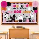 Pasimy 3D Halloween Bulletin Board Decorations Set Halloween Classroom Decor DIY Paper Fans Spooky Ghost Witch Pumpkin Cutouts Fall Border for Trick or Treat Home Office Wall Door Supplies(Classic)
