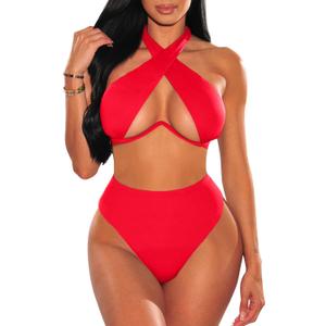Jolefille Underwire Push Up Swimsuit for Women Two Piece Halter Neck Bikini Set High Waisted Tummy Control Bathing Suits Sexy, S