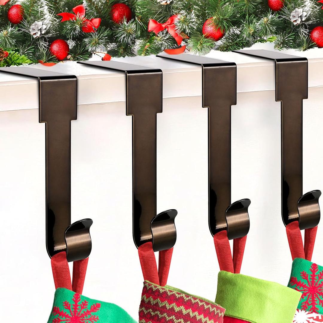 Christmas Stocking Holders for Mantle, 4 Pack Stocking Hangers for Mantel, Non-Skid Stocking Hangers, Lightweight Stocking Hooks for Fireplace Home Party Decor (Nickel)