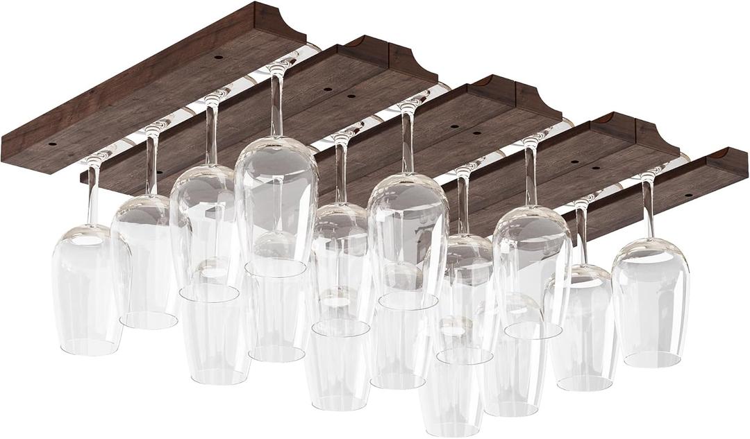 Rustic State Vigo 4 Sectional Adjustable Under Cabinet Mount Wood Stemware Rack Hanging Shelf Glassware Holder Bar Organizer with up to 12 Glass Storage 12 Inch Deep Chestnut