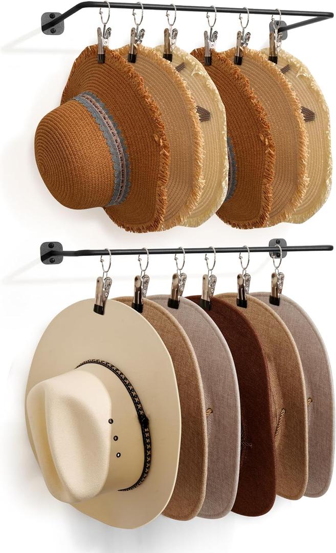 Cowboy Hat Rack for Wall Cowboy Hats Hook with 12 Clips Metal Cowboy Hat Hanger for Bucket Baseball Caps Sunhat Winter Beanies Fedora Hat Organizer Hat Holder on Wall Women Men Closet Black 2 Pcs