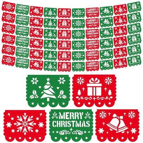VitalCozy Christmas Papel Picado Banner, 6 Strings 32.8 yd Mexican Fiesta Navidad Decorations, Plastic Mexican Fiesta Party Garland for Holiday Indoor Outdoor Home Decor(Red Green)
