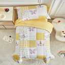 Toddler 4 Piece Toddler Bedding Set for Girls- Butterflies Flowers Yellow n White Patchwork Design, Microfiber Toddler Bedding Comforter Set for All Seasons (Blanket 54x40 In)