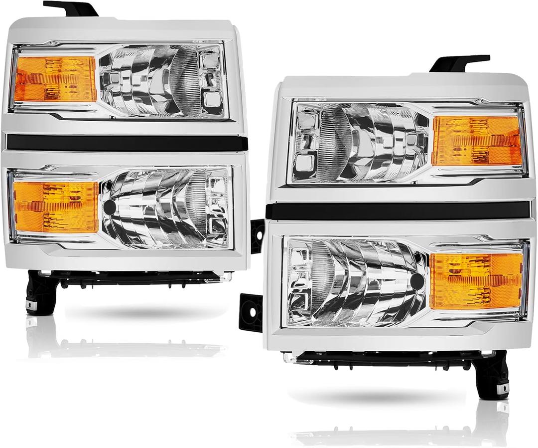 Headlights Assembly Replacement for 2014 2015 Chevy Silverado 1500 Halogen Head Light Headlamp Driver & Passenger Side, Chrome Housing Amber Corner