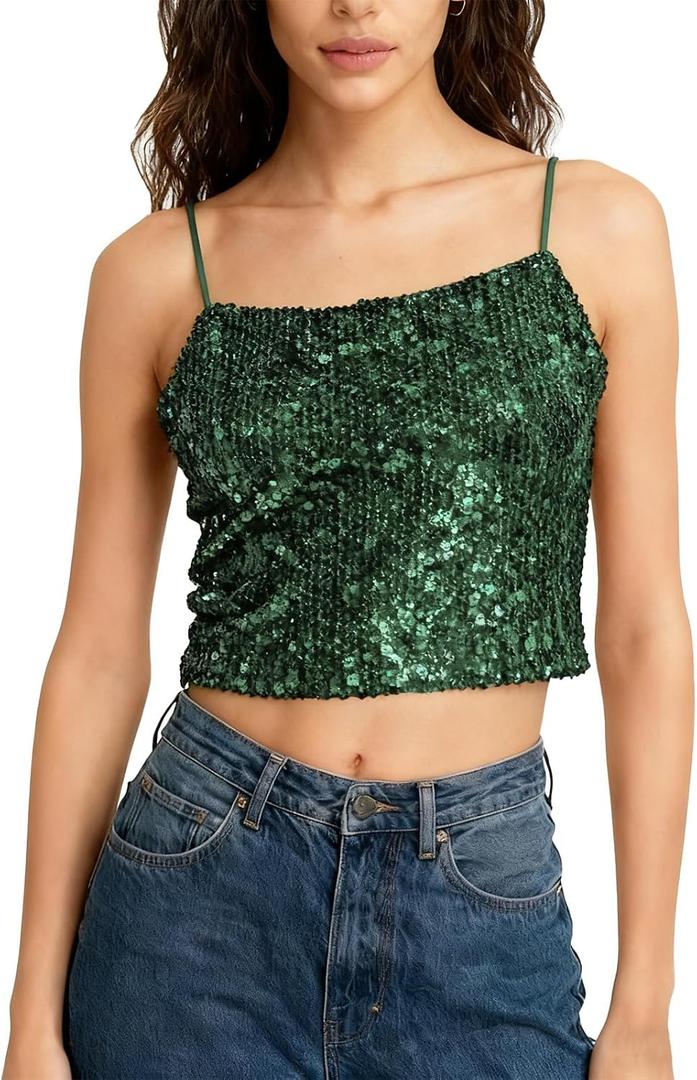 Sequin Cami Top Square Neck Sparkly Tank Top Sleeveless Party Camisole Shirts (Green, L)