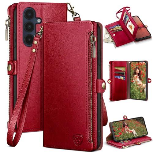 XcaseBar Compatible with Samsung Galaxy A16 5G Wallet case with Zipper Credit Card Holder【RFID Blocking】,Flip Folio Book PU Leather Phone case Shockproof Cover Women Men for Samsung A16 case Red