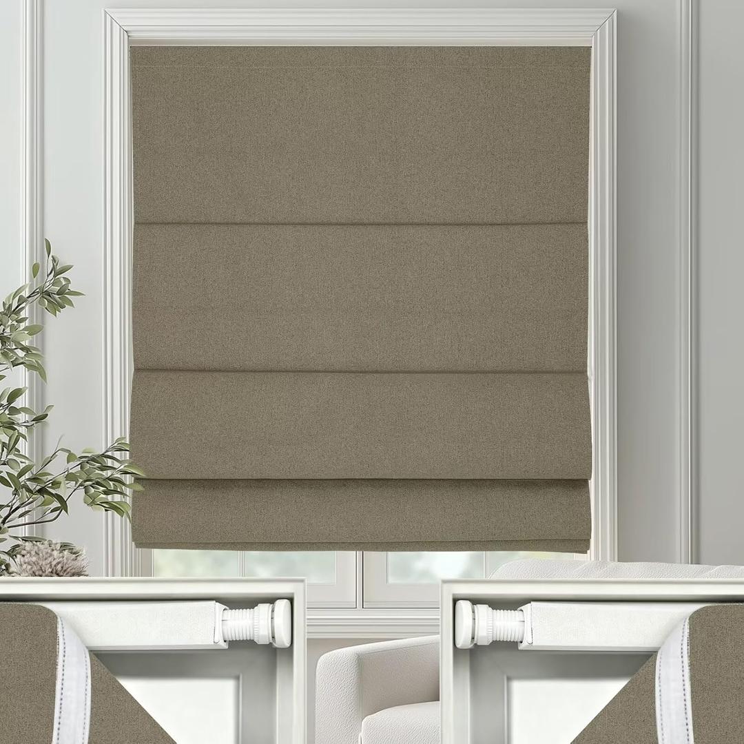No Drill Roman Shades Cordless Blinds Blackout for Indoor Windows, Room Darkening Black Out Tension Rod No Hardware No Tools Inside Mount, Shade Size 27 Inches Wide 64 Inches High, Brown