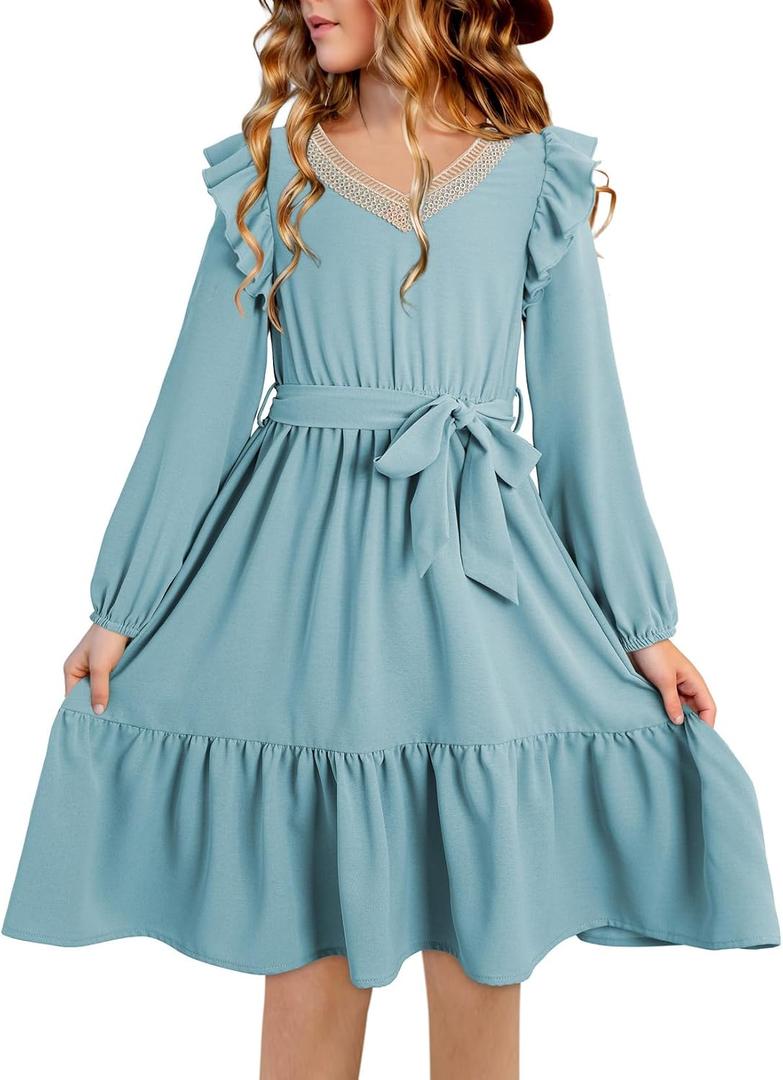 blibean Teen Girls Fall Dress Kids Semi Formal Lace Smocked Long Sleeve Dresses Size 6-15 Years (Blue, XL)