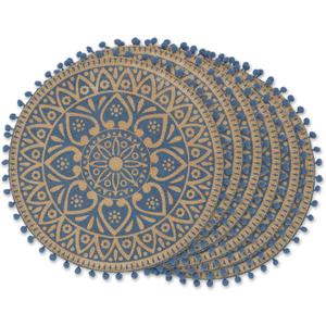 DII Woven Tabletop Collection Natural Jute, Placemat Set, 15" Round, French Blue Block Print, 6 Piece