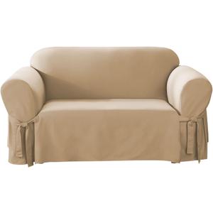 SureFit Cotton Duck Loveseat Box Cushion One Piece Slipcover, Furniture Cover, Relaxed Woven Fit, 100% Cotton, Machine Washable, Tan