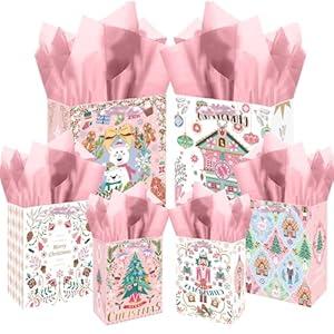 qiqee 10PCS Christmas White Gift Bags with Pink Polar Bear Design(2PCS Large 5.5"x10.2"x13", 4PCS Medium 4.3"x 7.7"x 9.6", 4PCS Small 2.4"x 4.7"x 6.3", 30PCS Tissue Paper included)