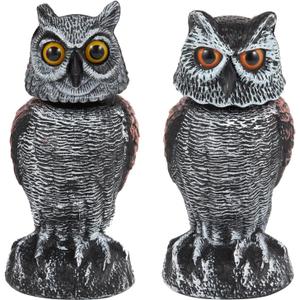 2 Pack Fake Owl Decoys to Scare Birds Away, Rotating Head Bird Deterrents, Nature Enemy Scarecrow Plastic Statues, Pest Repellent for Gardens and Patios
