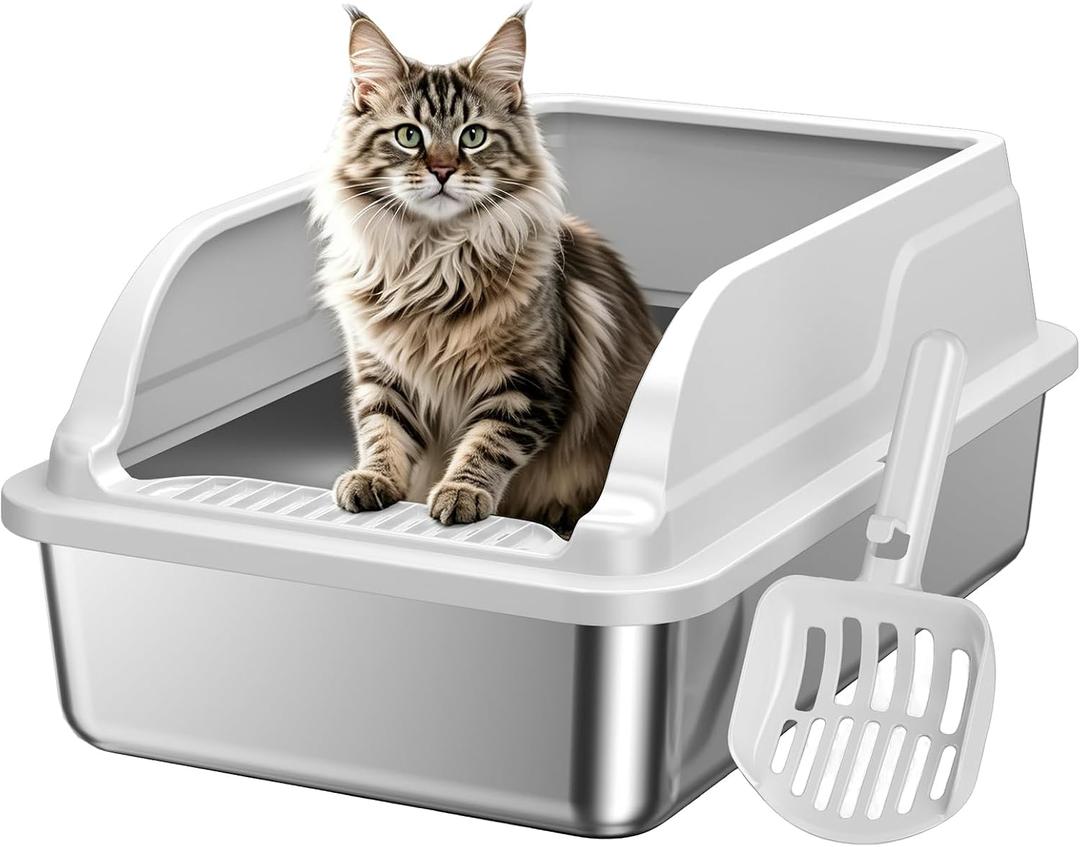 KISENG Stainless Steel Low Entry Cat Litter Box, Large Odor-Free High-Sides