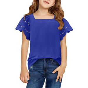 Yoklass Girls Casual Shirts Square Neck Ruffle Sleeve Tops Solid Loose Blouses (Blue, XXL)
