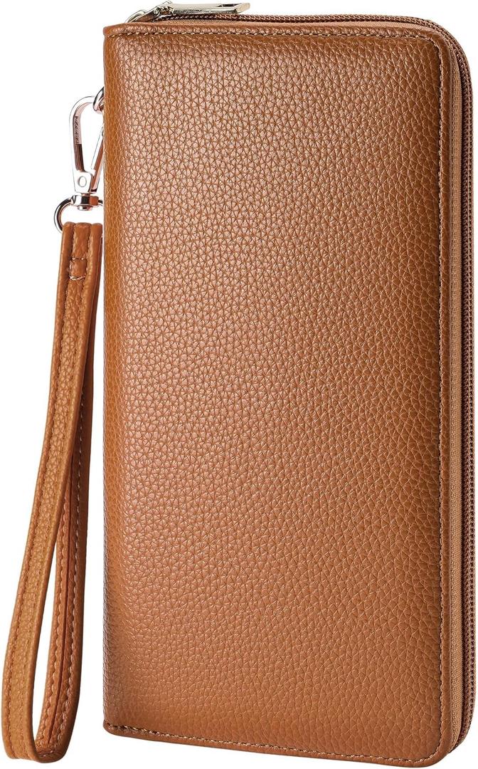 Chelmon Women's Vegan Leather Clutch Wallet with Zip, Hand Strap, Large Capacity (Genuine Leather Brown)