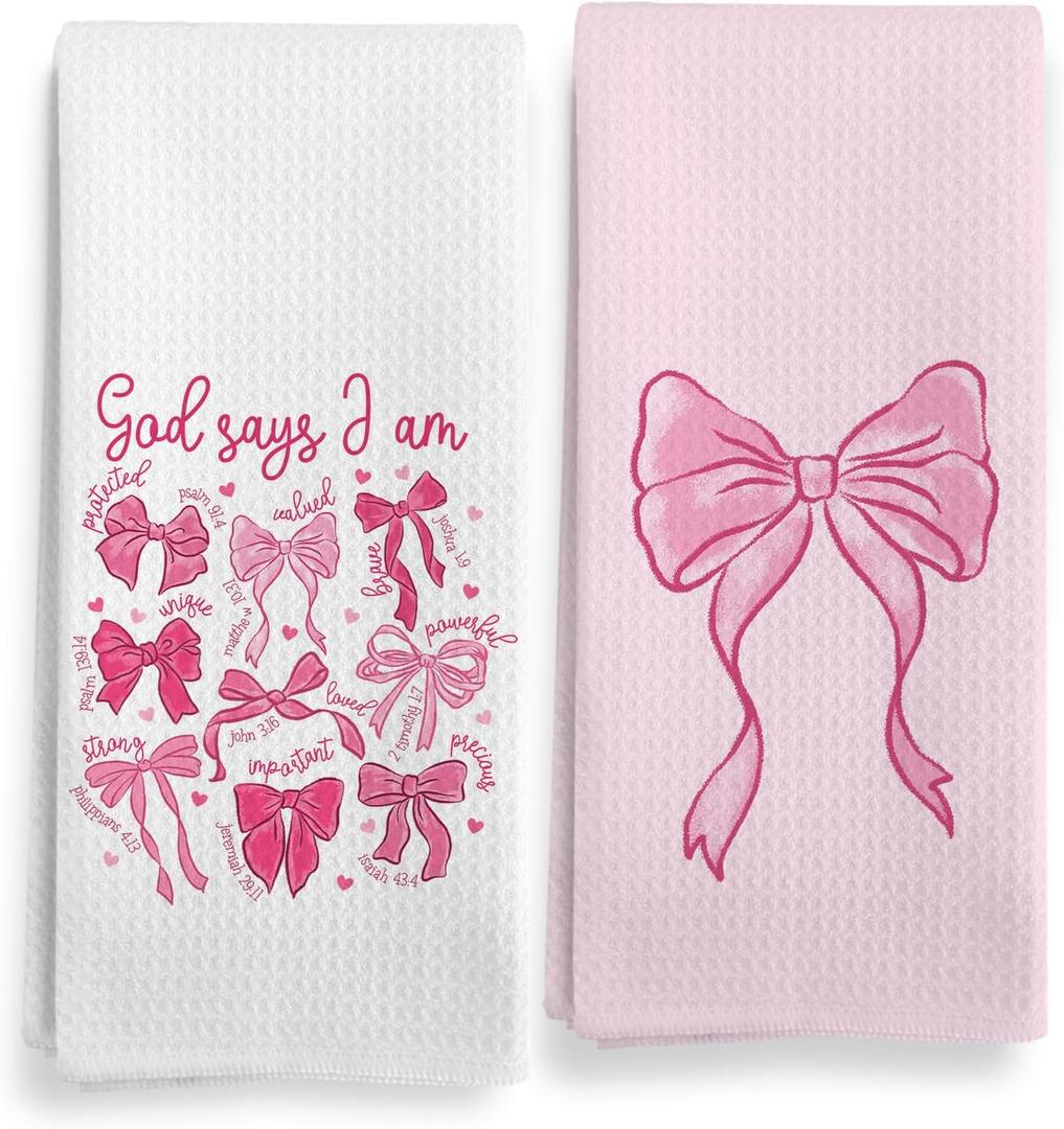 Christian Coquette Pink Bow Kitchen Towels Set of 2, Preppy Pink Bow Hand Towel for Bathroom, Christian Bible Verse God Say I am Decorative Hand Dish Tea Towels for Girly Girl's Room 16X24In