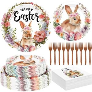 200 Pcs Easter Plates and Napkins Bulk Set, Disposable Dinner Plates, Vibrant Rabbit Floral Easter Decorations Includes Platters Napkins Forks, Spring Tableware for Egg Hunt Party Holiday Supplies