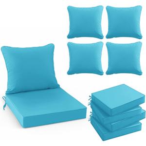 Summsun Outdoor Backrest and Deep Seat Cushion Set, Waterproof Fade Resistant Patio Chair Furniture Cushion with Removable Cover, 22 x 22 Inch, Teal, Set of 4
