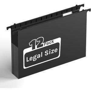 Ansook Plastic Extra Capacity Legal Size Hanging File Folders,Heavy Duty 2" Expansion Hanging Folder with 1/5 Tabs,12 Pack File Cabinet Folders,Accordion File Folders,Black File Organizer for Office