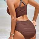 Herseas Women's Textured Bikini Sets Twist Front Top Swimsuits High Waisted Bathing Suits (Brown, XL)
